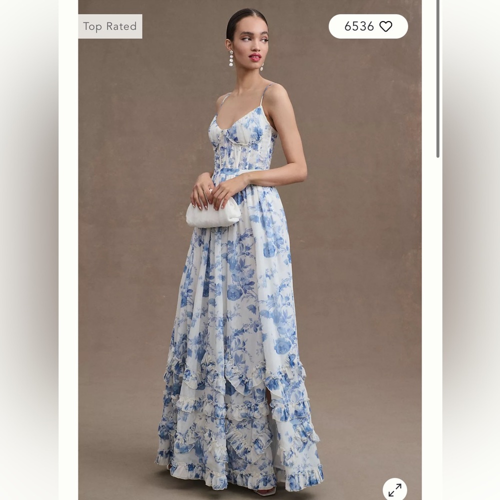 Anthropology V. Chapman Carmen Corset Front-Slit Ruffled Gown